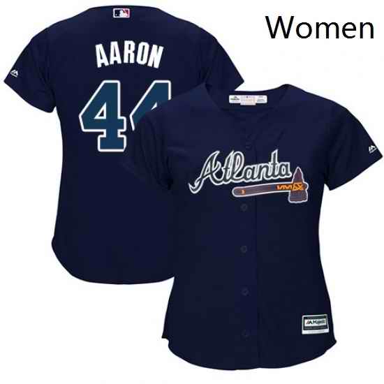 Womens Majestic Atlanta Braves 44 Hank Aaron Replica Blue Alternate Road Cool Base MLB Jersey